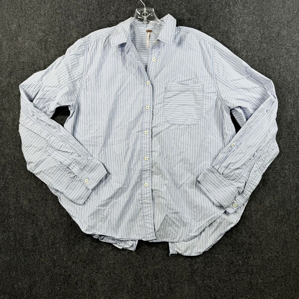 Free People Tie in a Bow Shirt Women's Small Blue White Striped Buttons